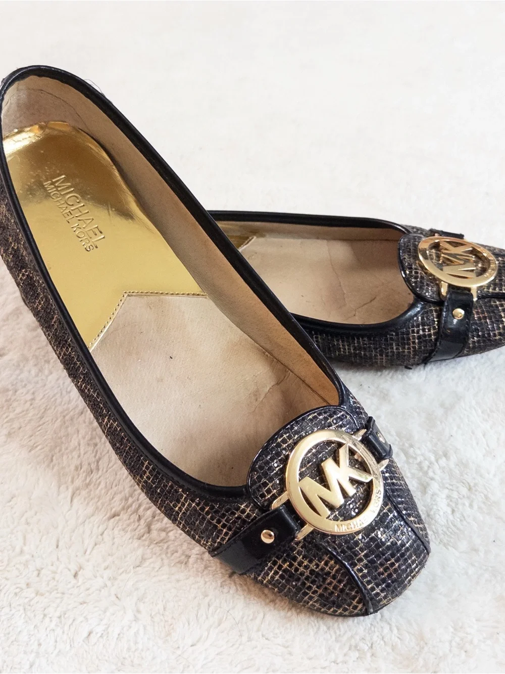 Michael Kors Black & Bronze Logo Ballet Flats Women’s Size 9.5